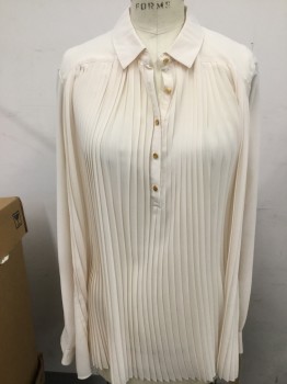 TOP SHOP, Cream, Polyester, Solid, Collar Attached, Long Sleeves, Half Button Front, Fan Pleated Front, Gold Buttons