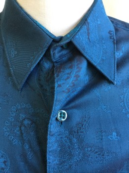 ROBERT GRAHAM, Teal Blue, Black, Cotton, Paisley/Swirls, Collar Attached, Button Front, Long Sleeves,