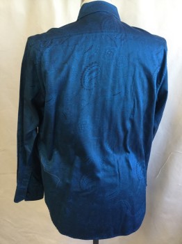 ROBERT GRAHAM, Teal Blue, Black, Cotton, Paisley/Swirls, Collar Attached, Button Front, Long Sleeves,