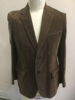 N/L, Brown, Cotton, Solid, 2 Buttons,  1 Zip Pocket, 2 Pockets, Notched Lapel, Pinwhale Corduroy,