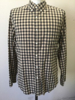 J.CREW, Beige, Black, Cotton, Elastane, Gingham, Long Sleeve Button Front, Collar Attached, Button Down Collar, 1 Pocket, Has a Double