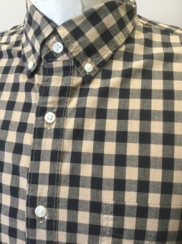 J.CREW, Beige, Black, Cotton, Elastane, Gingham, Long Sleeve Button Front, Collar Attached, Button Down Collar, 1 Pocket, Has a Double