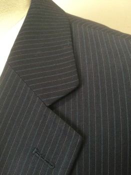 GEOFFREY BEENE, Charcoal Gray, Slate Blue, Gray, Polyester, Rayon, Stripes - Pin, Charcoal with Slate Blue and Gray Pinstripes, Single Breasted, Notched Lapel, 2 Buttons, 3 Pockets
