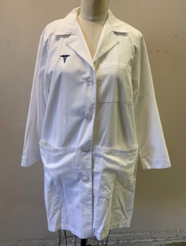Womens, Lab Coat Women, LANDAU, White, Cotton, Solid, 6, 4 Buttons, Notched Collar, 3 Patch Pockets, Navy Medical Symbol Embroidered at Chest, Belted Back