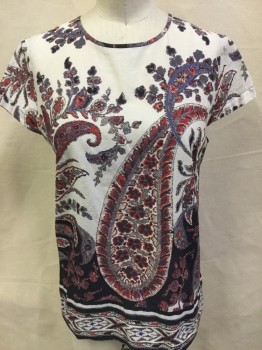 ISABEL MARANT, Cream, Purple, Gray, Red, Cotton, Floral, Paisley/Swirls, Cream with Purple, Gray, Red Large Paisley Floral Print, Round Neck,  Cap Sleeves, Zip Back,