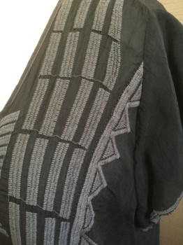 JOHNNY WAS, Black, Faded Black, Silk, Geometric, Black with Slightly Lighter Black Abstract Geometric Embroidery, Cap Sleeve, Scoop Neck, Pullover, Scallopped Edge on Sleeves, Oversized Fit