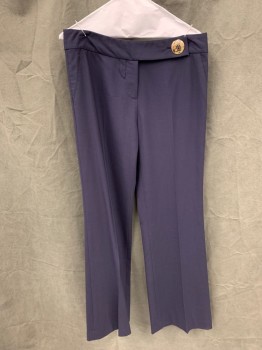 Womens, Slacks, TORY BURCH, Navy Blue, Wool, Spandex, Solid, W 32, 8, 2" Waistband, Large Gold Button Tab Closure, Zip Fly, 2 Faux Side Pockets