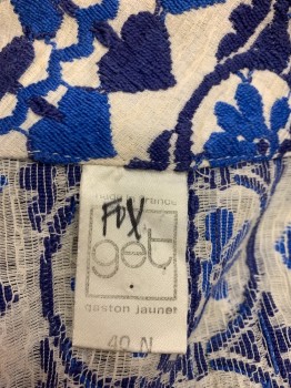 GET GASTON JAUNET, Blue, Navy Blue, Off White, Cotton, Floral, Pullover with 6 Buttons, Short Sleeves, Collar Attached, Heavy Embroidery, 60s, Barcode at Bottom of Front Placket