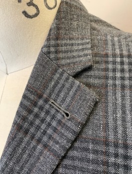 JOSEPH ABBOUD, Gray, Dk Gray, Black, Wool, Silk, Plaid, Single Breasted, Notched Lapel, 2 Buttons, 3 Pockets, Slim Fit, Black/Gray Paisley Lining