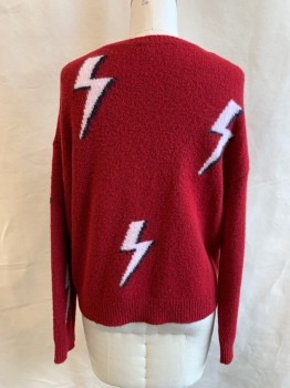 RAILS, Dk Red, White, Black, Wool, Cashmere, Novelty Pattern, Lightning Bolts, Ribbed Knit Scoop Neck/Waistband/Cuff