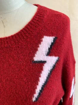 RAILS, Dk Red, White, Black, Wool, Cashmere, Novelty Pattern, Lightning Bolts, Ribbed Knit Scoop Neck/Waistband/Cuff
