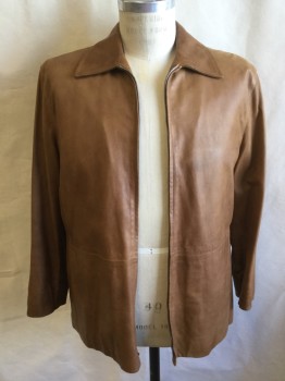 Mens, Leather Jacket, BRUNO MAGLI, Camel Brown, Leather, Solid, 38, Collar Attached, Zip Front, 2 Vertical Pockets on Seams, Sand with Brown/french Blue/golden Yellow Windowpane Lining, Long Sleeves,