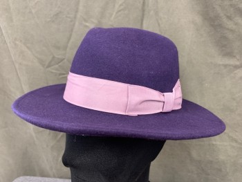 Mens, Fedora, FERRECCI, Dk Purple, Wool, Solid, 55, 6 7/8, Felted Wool Fedora, Lavender Grosgrain Ribbon Hatband