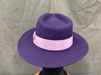 FERRECCI, Dk Purple, Wool, Solid, Felted Wool Fedora, Lavender Grosgrain Ribbon Hatband