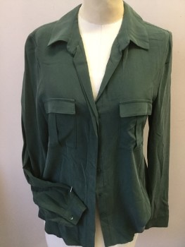 L'AGENCE, Forest Green, Silk, Solid, V-neck with Collar Attached, Hidden Button Front, 2 Pockets with Flap, Long Sleeves, Curved Hem