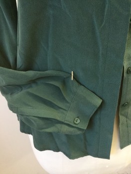 L'AGENCE, Forest Green, Silk, Solid, V-neck with Collar Attached, Hidden Button Front, 2 Pockets with Flap, Long Sleeves, Curved Hem