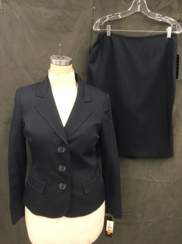 Womens, 1990s Vintage, Suit, Jacket, LE SUIT, Navy Blue, Polyester, Stripes - Shadow, B38/40, Single Breasted, Collar Attached, Notched Lapel, 2 Flap Pockets, 3 Buttons, Sleeve Cuff Slits