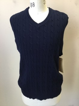 Mens, Sweater Vest, CLUBROOM, Navy Blue, Cotton, Cable Knit, Solid, M, V-neck, Pullover,