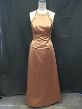 Womens, Evening Gown, N/L, Bronze Metallic, Polyester, Solid, W:28, B:36, Halter Dress with Back Lace/Ties with Loops, Self Floral Embroidery with Silver Beading, Boning Front, Top Attached to Skirt, Floor Length Hem, with Matching Shawl