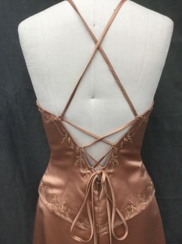 Womens, Evening Gown, N/L, Bronze Metallic, Polyester, Solid, W:28, B:36, Halter Dress with Back Lace/Ties with Loops, Self Floral Embroidery with Silver Beading, Boning Front, Top Attached to Skirt, Floor Length Hem, with Matching Shawl