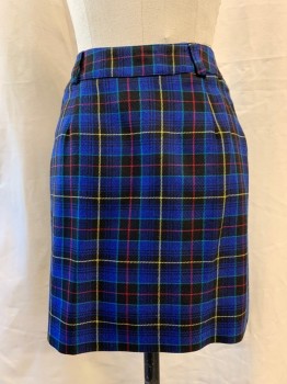 Womens, Skirt, Mini, STRING BEAN, Blue, Black, Magenta Pink, Yellow, Teal Blue, Polyester, Acrylic, Plaid, 24, Cross Over Front with Two Buttons, Pleated, Belt Loops, 1990's