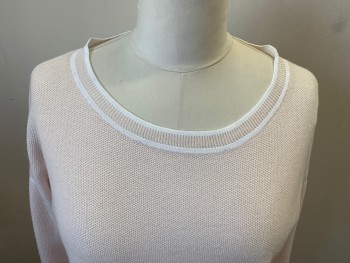 BANANA REPUBLIC, Lt Pink, White, Wool, Rayon, Solid, Lt Pink with White Stripe Trim, Micro Honeycomb Like Textured Weave, Long Sleeves, Pullover, Bateau/Boat Neck,