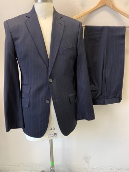 TED BAKER EDURANCE, Midnight Blue, Purple, Wool, Stripes - Pin, Single Breasted, 2 Buttons,  Notched Lapel, Double Broken Pinstripe, 4 Pockets, Double Back Vent