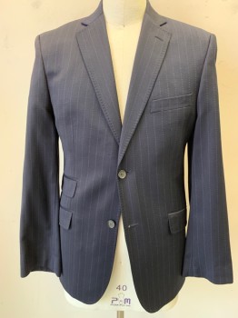 TED BAKER EDURANCE, Midnight Blue, Purple, Wool, Stripes - Pin, Single Breasted, 2 Buttons,  Notched Lapel, Double Broken Pinstripe, 4 Pockets, Double Back Vent