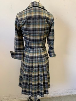 DVF, Brown, Forest Green, Gray, Tan Brown, Wool, Nylon, Check , 6 Brown Leather Knotted Buttons, Collar Attached, Self Belt Attached with Buttons to Waist, Vertical Pintucks and Pleats at Front, Knee Length, 2 Hip Pockets, Folded Cuffs, Designer/High End, a La Retro