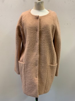 FOREVER 21, Camel Brown, Polyester, Wool, Solid, Boucle, Snap Front, Raglan Long Sleeves, 2 Large Pockets