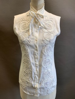 Womens, Blouse, ANNE FONTAINE, Off White, Silk, Solid, Floral, S, Sleeveless, Button Front, Looped Cording Appliques Throughout, Stand Collar with Self Ruffle, Self Ties at Neck