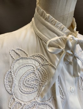 Womens, Blouse, ANNE FONTAINE, Off White, Silk, Solid, Floral, S, Sleeveless, Button Front, Looped Cording Appliques Throughout, Stand Collar with Self Ruffle, Self Ties at Neck