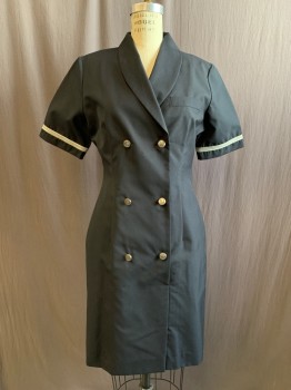 Womens, Waitress/Maid, MURPHY & HARTELIUS, Navy Blue, Wool, Polyester, Solid, 6, Double Breasted, Shawl Collar, 3 Pocket, Short Sleeves, 1 Back Vent, Silver Ribbon Sleeve Trim