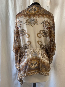 Womens, Blouse, ZARA, White, Brown, Blue, Silk, Paisley/Swirls, Floral, S/M, Sheer, Black Collar Band & Placket, Half Button Front, Gatherd at Waist with Drawstring, Bat-Wing Sleeves