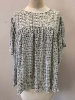 Womens, Top, H&M, Off White, Black, Polyester, Geometric, Dots, 12, Ruffle Short Sleeves, Yoke, Center Back Keyhole with 1 Button,