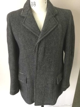 Mens, Coat 1890s-1910s, WINTER TEX, Charcoal Gray, Gray, Wool, Herringbone, 38, Single Breasted, Notched Lapel, 3 Buttons,  2 Pockets, Gray Lining, Has Moth Holes Throughout,
