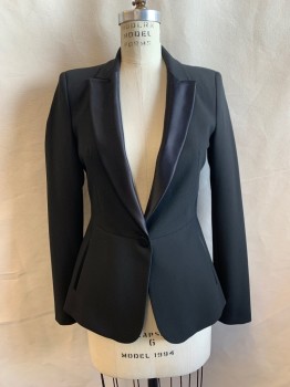 Womens, Blazer, ZARA, Black, Polyester, Acetate, Solid, S, Peak Satin Lapel, Single Breasted, Button Front, 1 Button, Side Pockets, Padded Shoulders