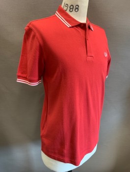 FRED PERRY, Red, Cotton, Solid, Pique Jersey, Short Sleeves, Light Pink Stripe Accent at Sleeves and Collar Attached, 2 Button Placket, White Laurel Wreath Embroidered Logo at Chest