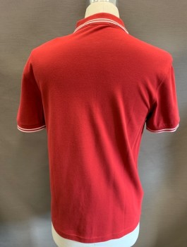 FRED PERRY, Red, Cotton, Solid, Pique Jersey, Short Sleeves, Light Pink Stripe Accent at Sleeves and Collar Attached, 2 Button Placket, White Laurel Wreath Embroidered Logo at Chest