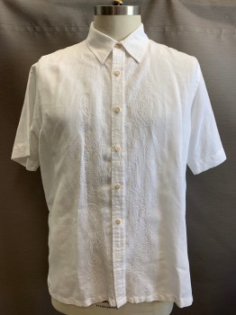 Mens, Casual Shirt, TASSO ELBA, White, Linen, Cotton, Solid, Floral, XL, Short Sleeves, Collar Attached, Embroidered Floral Center Front,