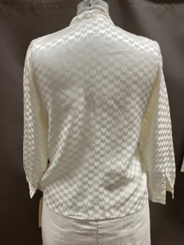 Womens, 1980s Vintage, Top, TAN F JAY, Ivory White, Polyester, Solid, B 42, Jacquard, Scales, L/S, B.F., Self Scarf Tie Neck