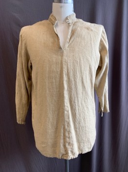 Mens, Historical Fiction Shirt, ACADEMY COSTUMES, Dk Beige, Cotton, Solid, 44, 1800s, Band Collar, V-N, 1 Button at Neck, L/S, Button Cuffs
