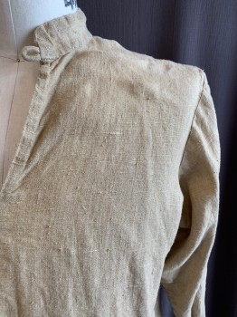 ACADEMY COSTUMES, Dk Beige, Cotton, Solid, 1800s, Band Collar, V-N, 1 Button at Neck, L/S, Button Cuffs