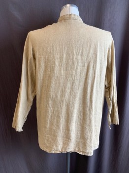 ACADEMY COSTUMES, Dk Beige, Cotton, Solid, 1800s, Band Collar, V-N, 1 Button at Neck, L/S, Button Cuffs
