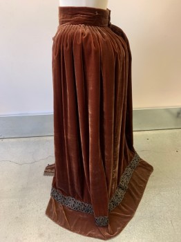 Womens, Historical Fiction Piece 3, PERIOD CORSETS, Brown, Silk, W26, Overskirt- Panne Velvet, Open Front Edged with Lace, Hooks & Bars CB, Cartridge Pleats, Photo with Bum Roll