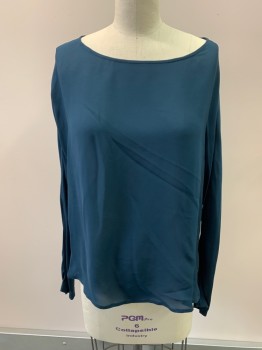 Womens, Top, NILI LOTAN, Teal Blue, Silk, Solid, M, Boat Neck, Pullover, L/S