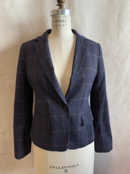 BANANA REPUBLIC, Navy Blue, Red Burgundy, Pink, Black, Polyester, Viscose, Plaid, BLAZER, Single Breasted, 1 Button, Notched Lapel, 4 Pockets, 1 Button Cuffs, Vent Back