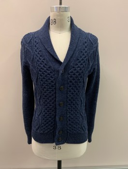 Mens, Cardigan Sweater, GAP, Dk Blue, Cotton, Polyester, Solid, S, Shawl Collar, Button Front,