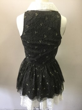 Womens, Dress, Sleeveless, TWELVE BY TWELVE , Black, Gold, Ivory White, Synthetic, Novelty Pattern, XS, Left Side Zipper,  4 Jet Buttons Center Front, Ivory Heavy Lace Collar and Hem, Body Black and Gold Lace with Gold Eyelet,