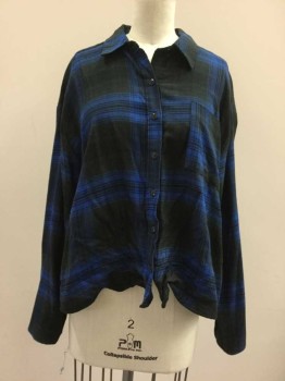 Womens, Top, WILD FABLE, Blue, Black, Rayon, Polyester, Plaid, XS, Blue/black Plaid, Button Front, Collar Attached, Long Sleeves, 1 Pocket,